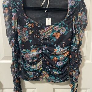 Anthropologie Black Floral Ruched Blouse
